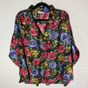 Vintage Lady Manhattan Floral Button Up Long Sleeve Blouse XXL Cottagecore